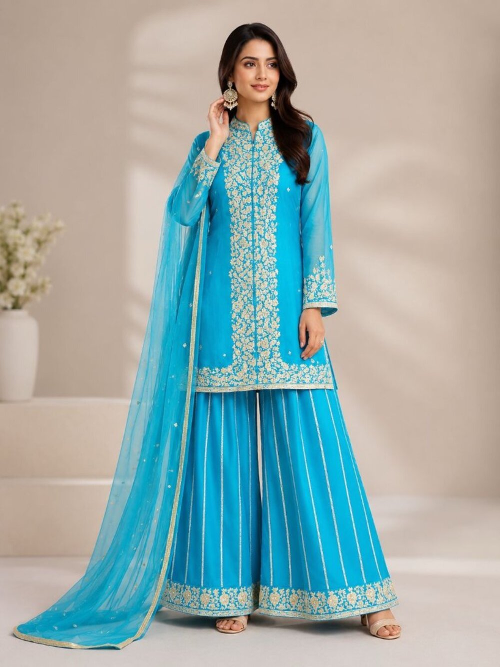 Turquoise Blue Embroidered Sharara Set with Dupatta